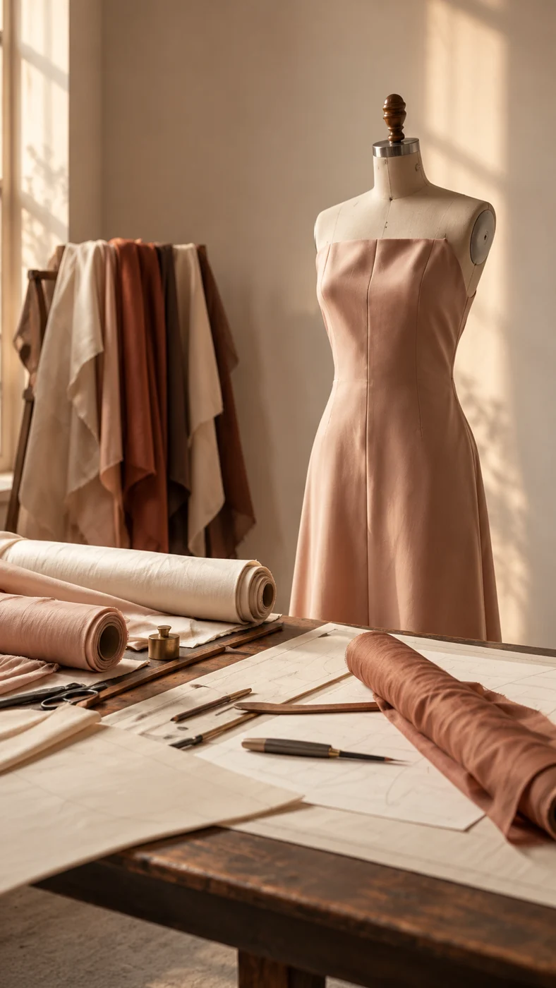 Illustrative atelier with cloth, pattern paper and a dress form in side daylight