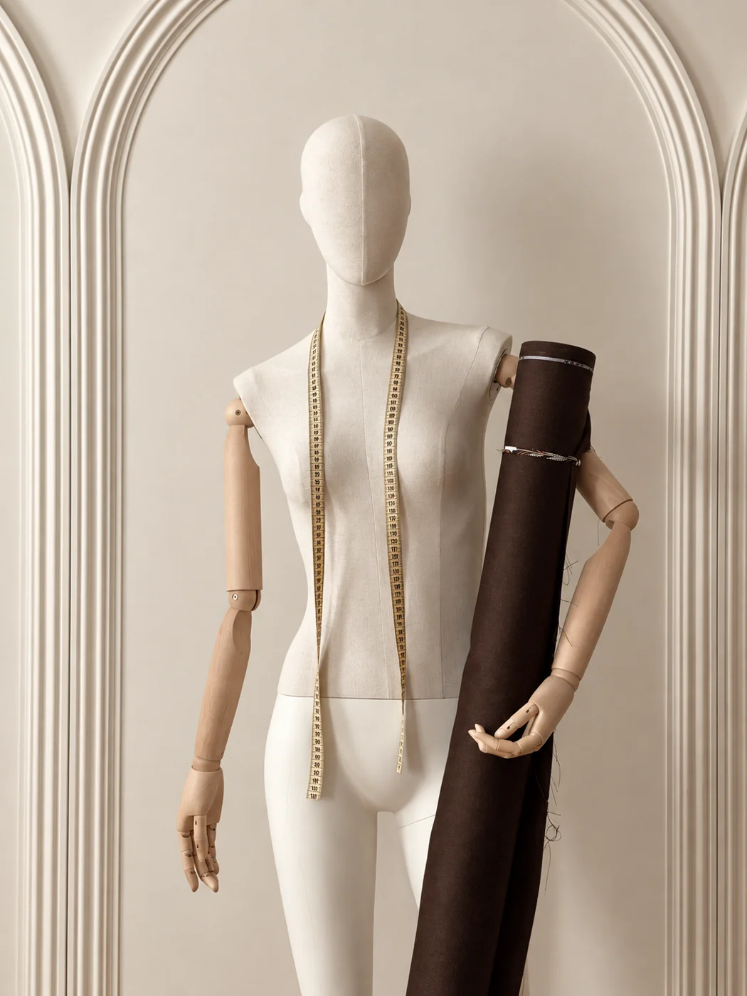 Illustrative dress form with a tape measure and a roll of Clay cloth between plaster arches