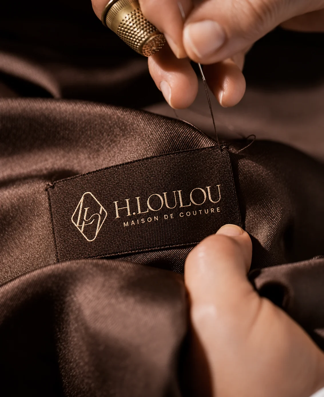 Illustrative woven label being stitched to fabric