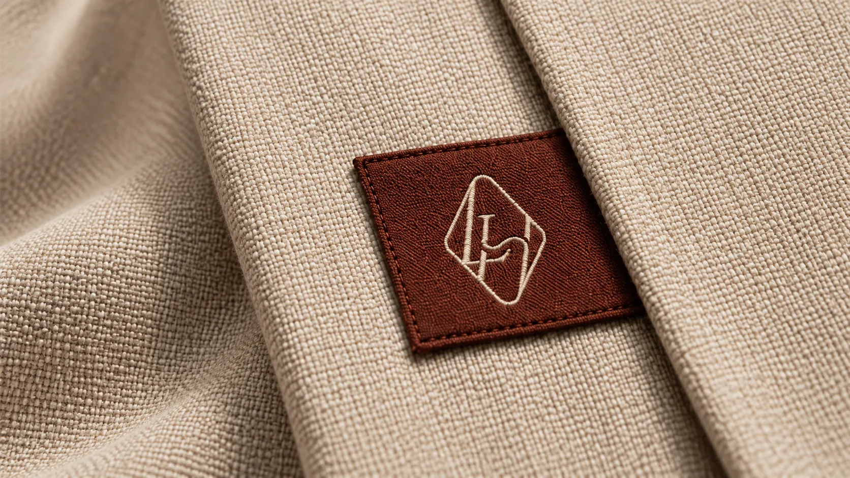 Illustrative Clay monogram patch stitched to linen